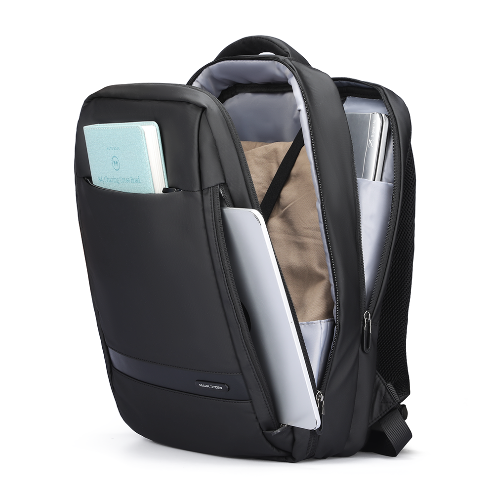 MarkRyden black anti-theft travel backpack with compartments holding notebook and laptop
