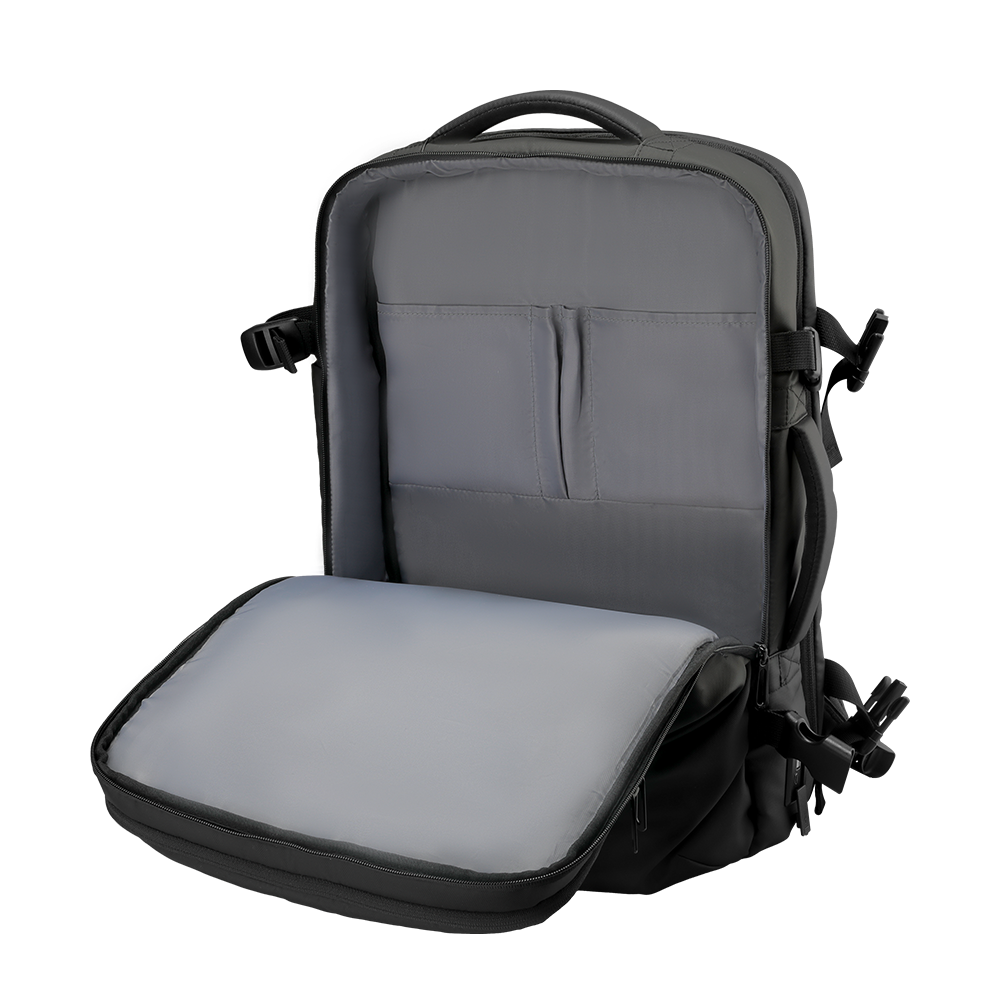 Black USB water-repellent multifunctional backpack with open front compartment revealing padded laptop sleeve and gray interior, designed for modern travels.