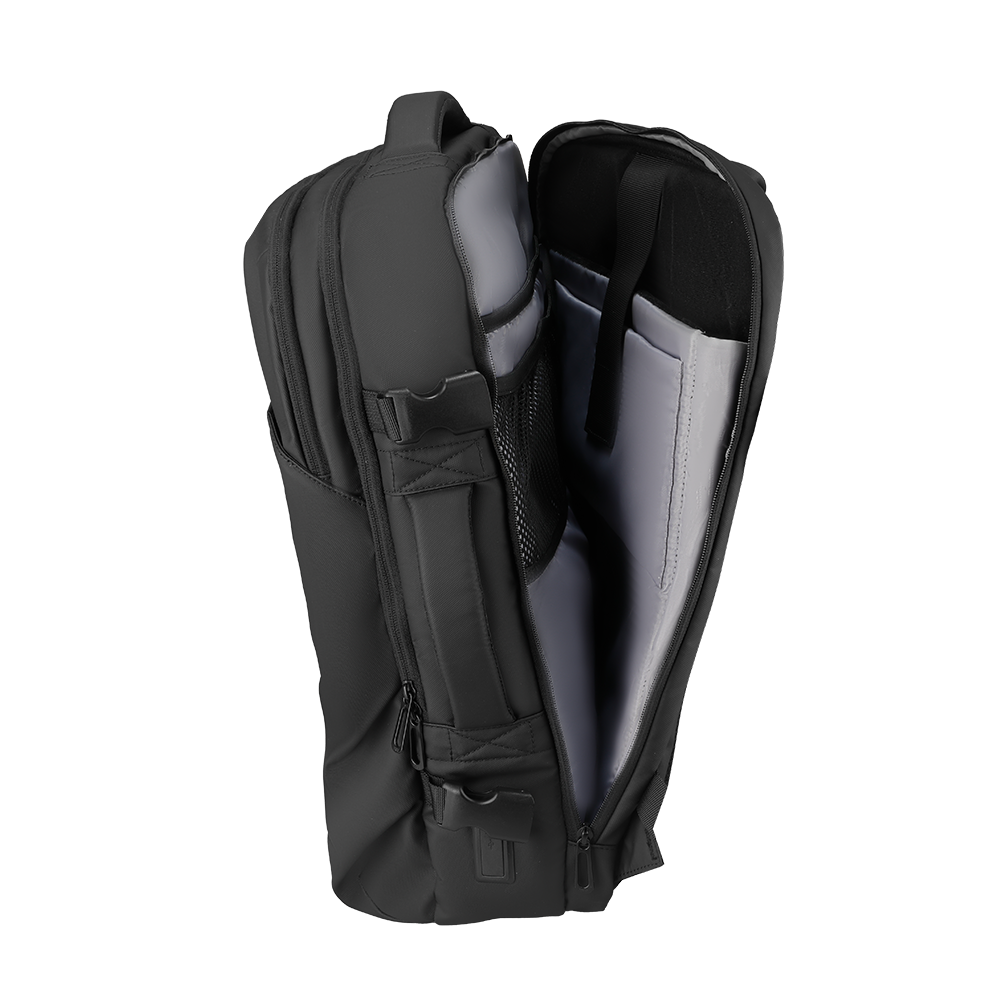 Black water-repellent multifunctional backpack with open main compartment, gray interior, and visible USB port, designed for modern travels.