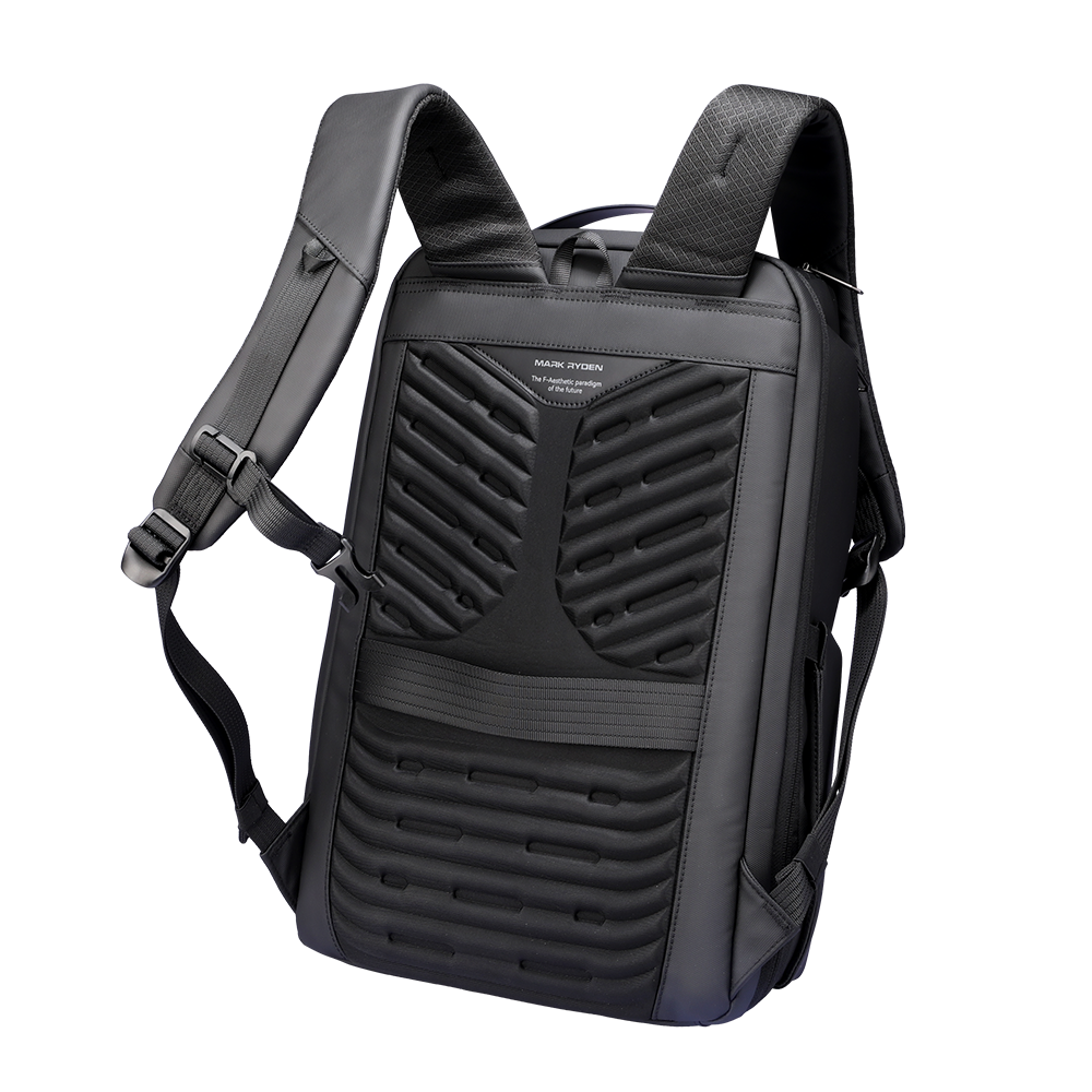 Black Mark Ryden waterproof backpack with ridged back panel, padded straps, and built-in USB port for travelling.