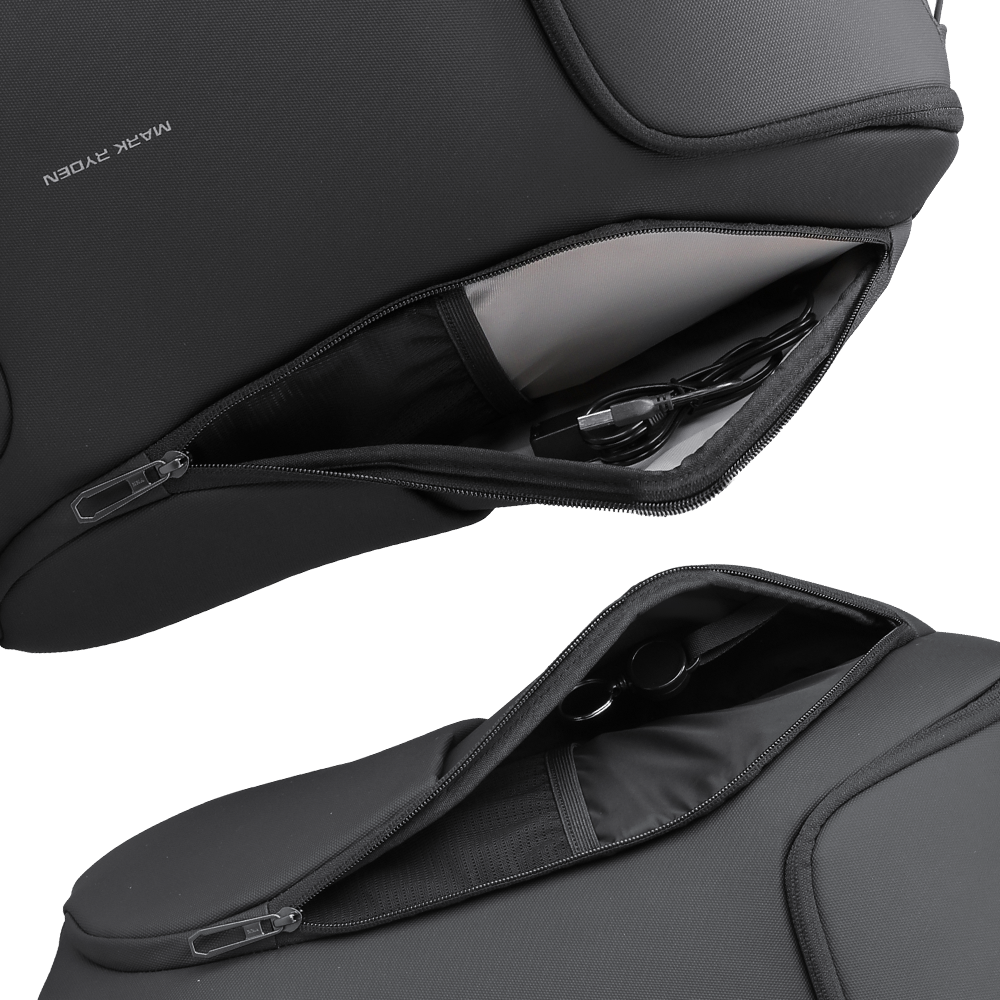 Mark Ryden waterproof backpack with built-in USB, black design, zippered compartments holding cables - modern travel bag