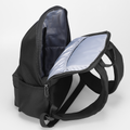 Black Softologic I backpack with open main compartment, light blue interior lining, padded straps, zippered pocket, and water-repellent material for organized essentials.