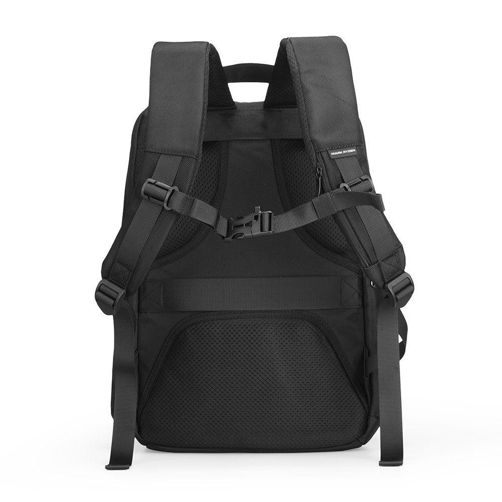 MarkRyden black water-repellent backpack with padded straps and mesh back