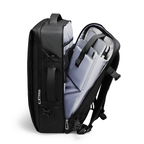 Black 40L three-layer main pocket backpack with open compartment showing gray interior holding laptop and smartphone, designed for business trips and college.
