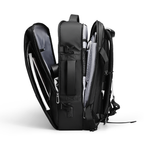 Super Black 40L three-layer main pocket backpack with open compartments showing organized storage for business trips, college, and travel essentials.