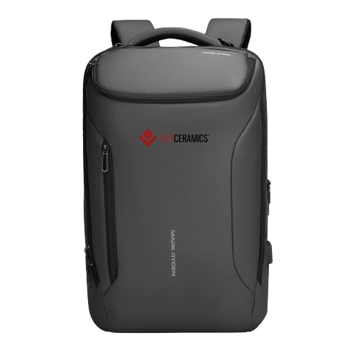 Gray backpack with a brand logo on a white background