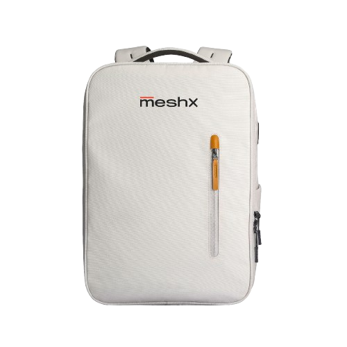 White backpack with 'meshx' branding on a white background